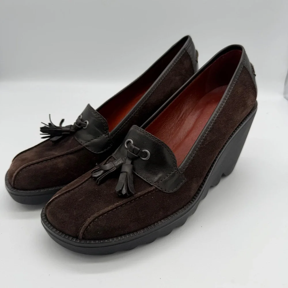 Donald J Pliner Baco Brown Suede Leather Tassel Wedge Loafers Womens 6.5M